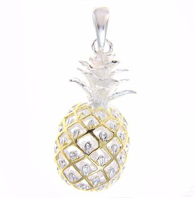 STERLING SILVER 925 EXTRA LARGE HAWAIIAN 3D PINEAPPLE PENDANT 2 TONE YELLOW GOLD