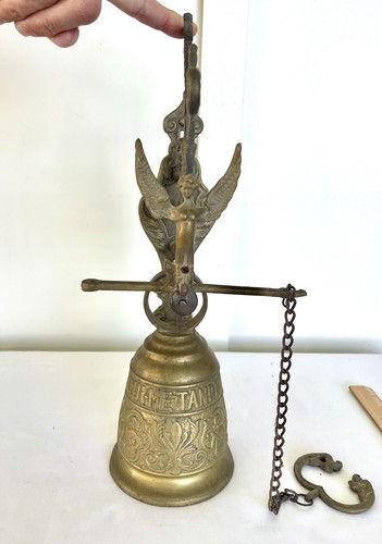 Antique Wall Mount Gothic Dinner Bell Solid Brass Patina Large Statement WORKS - Picture 9 of 19