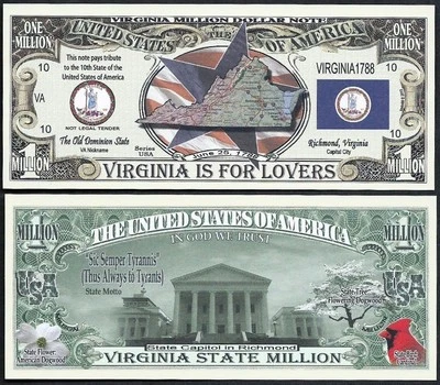 Virginia State Million Dollar Bill Play Funny Money Novelty Note + FREE SLEEVE