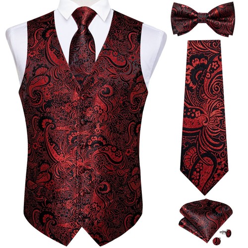 Wedding Red Dress Men Vest Business Tuxedo Man Waistcoat Bow Tie Pocket Square - Bild 30 von 48