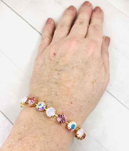 Gold Plated Pink Opalescent and Crystal AB Cup Chain Tennis Bracelet - Picture 2 of 9