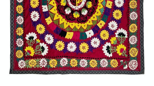 6x6.3 Ft Vintage Silk Embroidery Bedspread, Central Asian Suzani Tablecloth - Picture 3 of 5