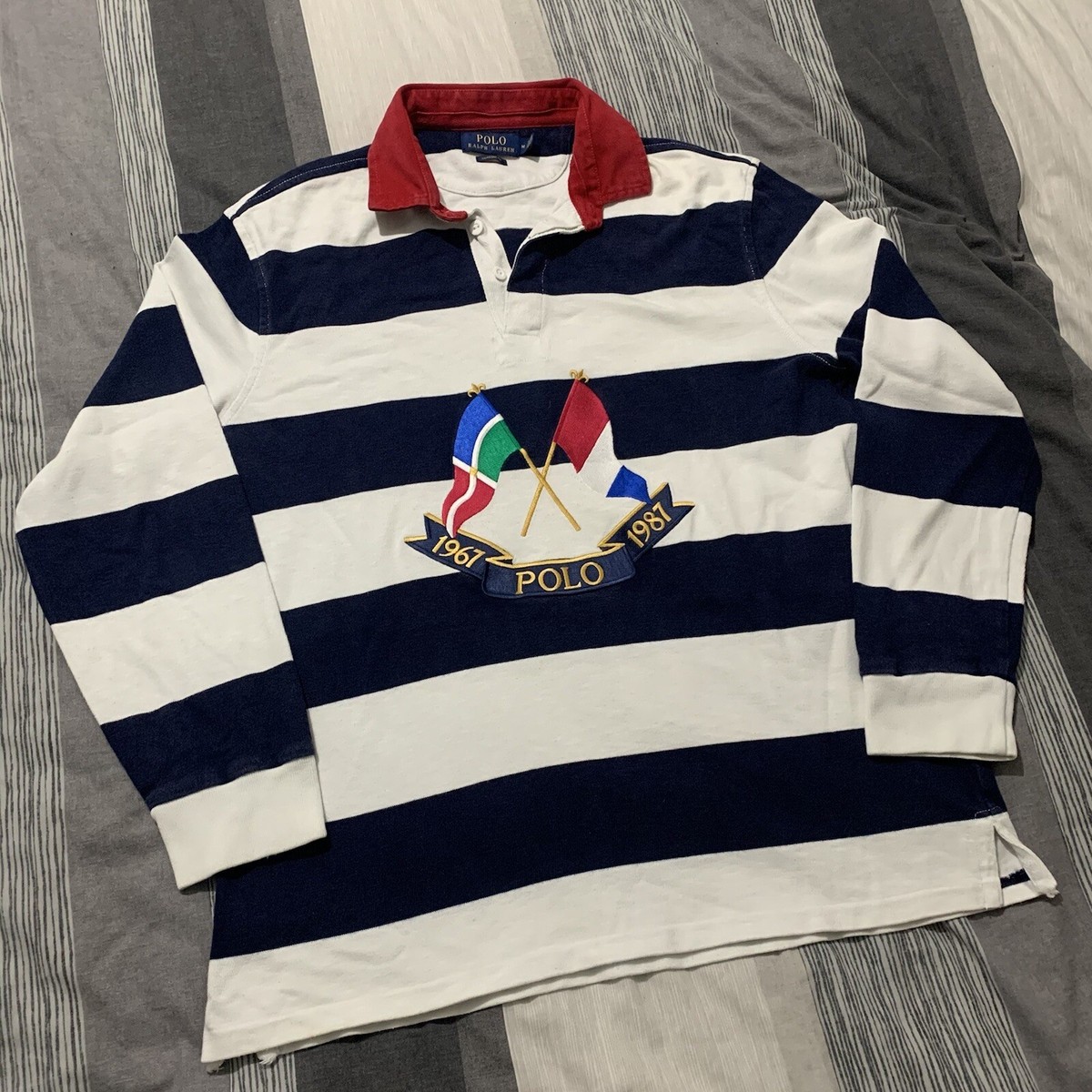 Rare Polo Ralph Lauren Anniversary Cross Flags Rugby Medium Lo Life Stadium Bear