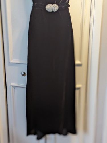 Elegant Antique Vintage 1930's Black Silk Velvet Bias Cut Dress Rhinestone Belt - Picture 6 of 15