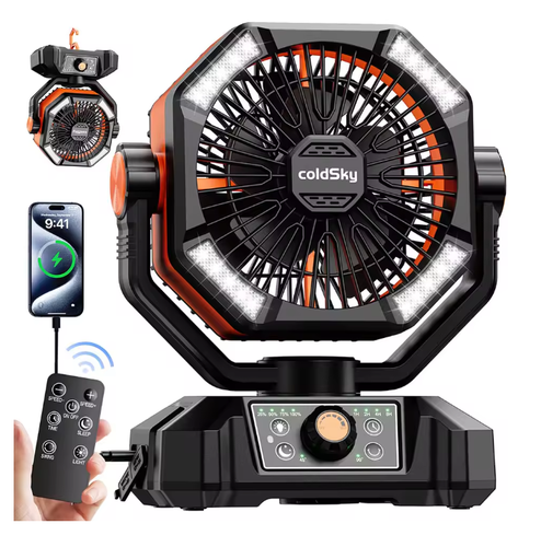ColdSky 20000mAh Battery Camping Fan with 4 LED Lantern 8 Speeds Desk Fan Orange - Bild 3 von 6