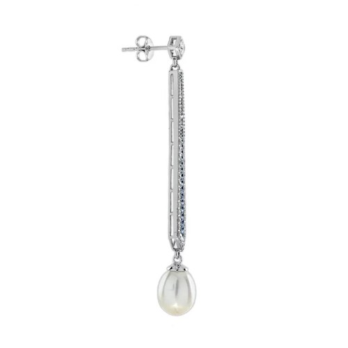 Pendientes colgantes estilo art déco creados en laboratorio diamante zafiro azul oro blanco de 14 k FN - Imagen 3 de 7