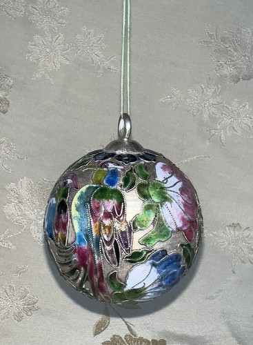 Cloisonné Enamel Christmas Ornament Round COLORFUL Floral Tropical Birds 4” - Picture 10 of 15
