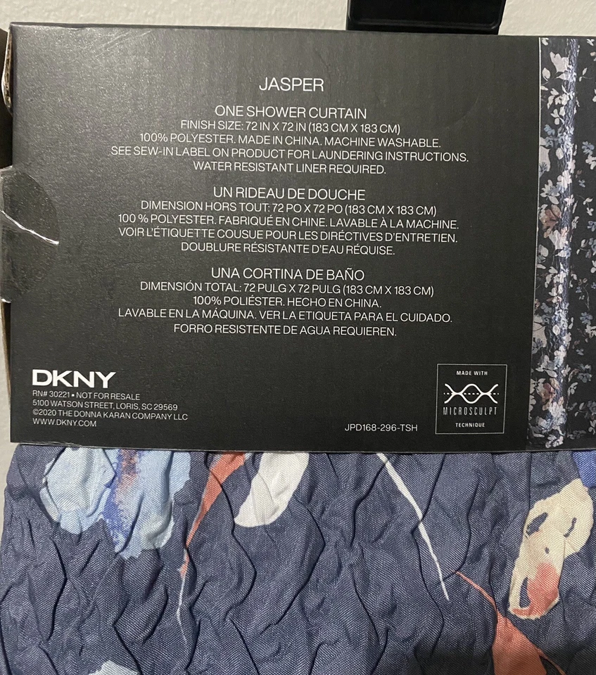 Cortina de Ducha Floral DKNY JASPE 72x72 Azul Blanco Amarillo Acuarela Microescultura Foto 4 de 4