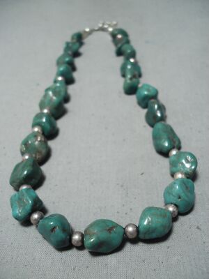 Chunky Dunky Green Turquoise Vintage Native American Navajo Sterling Silver Necklace Chunky Dunky Green Turquoise Vintage Native American Navajo Sterling Silver Necklace