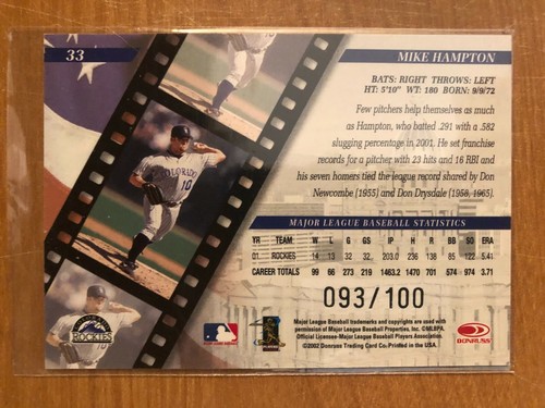 2002 Donruss Studio Proof Mike Hampton Colorado Rockies 093/100 - Picture 2 of 2