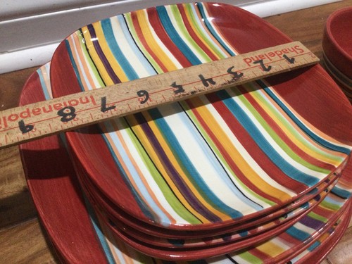 12 Stück Tischplatten Galerie Aquarell Quadratisch Teller Schüsseln Rot Weiß Aqua Streifen - Bild 5 von 17