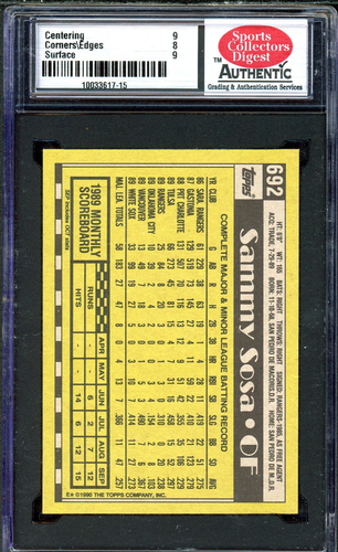 1990 Topps - Sammy Sosa #692 (RC) SCD Authentic 8.5 - Picture 2 of 2