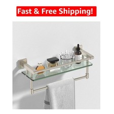 Durable 16-Inch Wall-Mounted Glass Shelf with Towel Bar - Brushed Nickel Finish