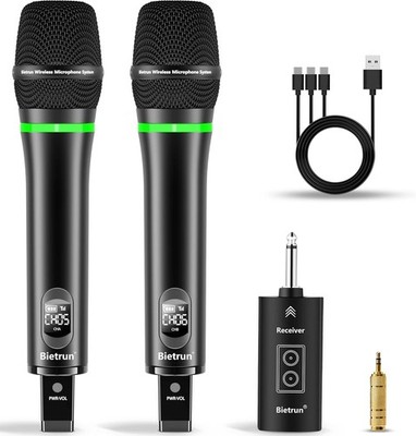 Bietrun Dual Wireless Microphone UHF 240ft w/ Bluetooth Receiver