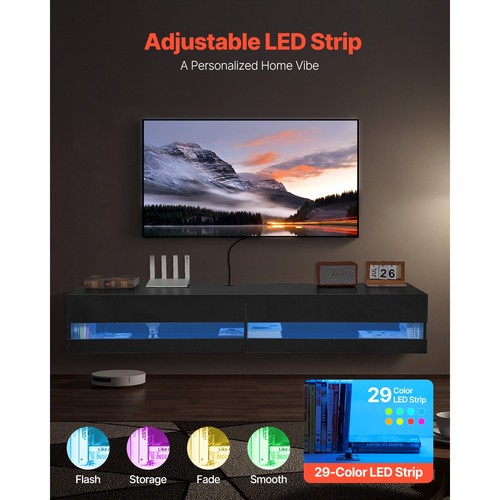 Floating TV Stand 71" Entertainment Center Power Outlet & LED Light Black - Picture 4 of 12