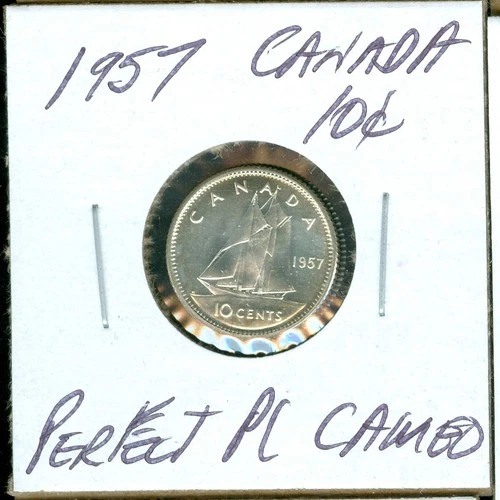 1957 CANADA SILVER 10 CENTS PERFECT  PL CAMEO .
