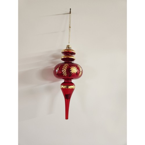 Decorazione Albero di Natale Soffiato a Mano Rubino Vetro Rosso Ghiaccio Foglia Oro 8"L - Foto 3 di 3