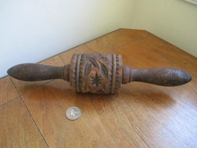 Antique Primitive Wooden Floral Springerle Rolling Pin - 12 1/2" Long