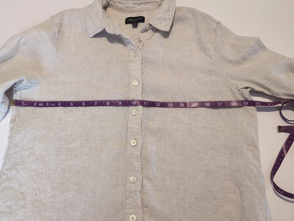 Camisa Top Lord & Taylor Lino Manga Larga Botón Frontal Estilo Safari Beige Grande Foto 4 de 4