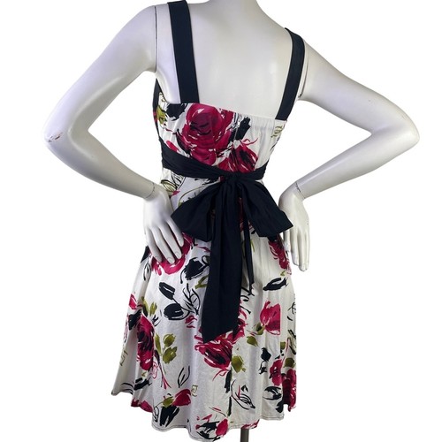 B Smart Damen weiß Blumen Schürze Midikleid gerafft Top rosa grün schwarz Schleife S 10 - Bild 5 von 10