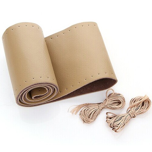 Kit de cubierta de volante de cuero genuino beige cosido 38 cm hágalo usted mismo para todos los autos - Imagen 7 de 12