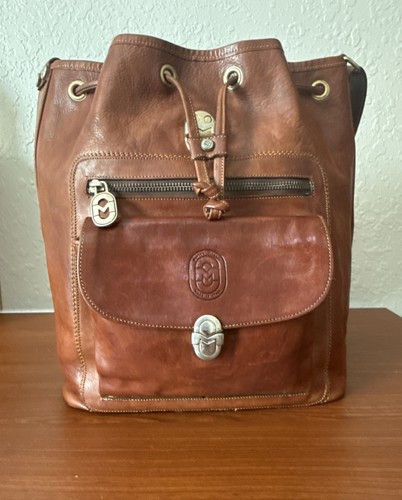 Marino Orlandi Cognac Italian Leather Vintage Backpack Drawstring Sling Bag - Bild 10 von 24