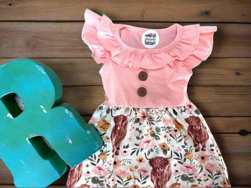 Girls Highland Cow Dress: Floral Western Summer Clothes - Picture 8 of 10