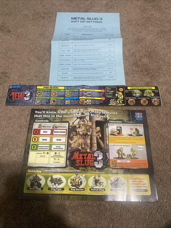 Neo Geo Metal Slug 3 Arcade Placard Kit Authentic Not Repop