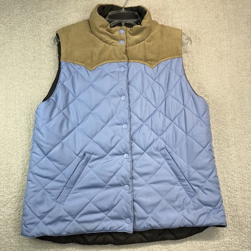 Roper Quilted Puffer Western Vest Womens Large Blue Suede Shoulders Reversible - Picture 2 of 13
