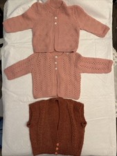Lot of 3 Vtg Hand Knit Cardigan Girl Pink Sweater Baby Toddler No Size 12-18 Mo