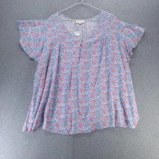 Cynthia Rowley Shirt Womens 3X Blue Floral Rayon V Neck Flutter Sleeve Boho