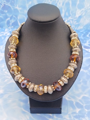 Beautiful Bohemian Silver Tone, Orange Crystal & Rhinestone Beaded Necklace