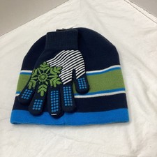 Boys Winter Beanie Hat  Gloves 2pc Set Blue Green Knit Snow Ski Thermals NWT