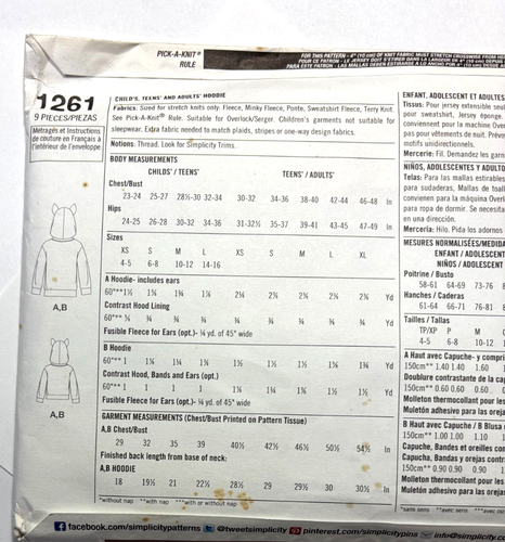 Simplicity Sewing Pattern Hoodie Jacket Child & Adult XS-XL New Uncut 1261 - Picture 2 of 2