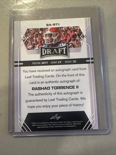 2022 Leaf Pro Set Draft Autographs Rashad Torrence II - Picture 2 of 2