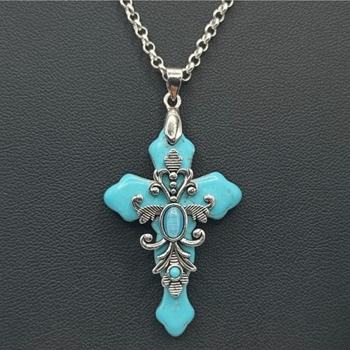 925 Silber Halskette mit Türkis Stein BOHO Kreuz Anhänger Vintage Geburtstag NEU! - Bild 3 von 6