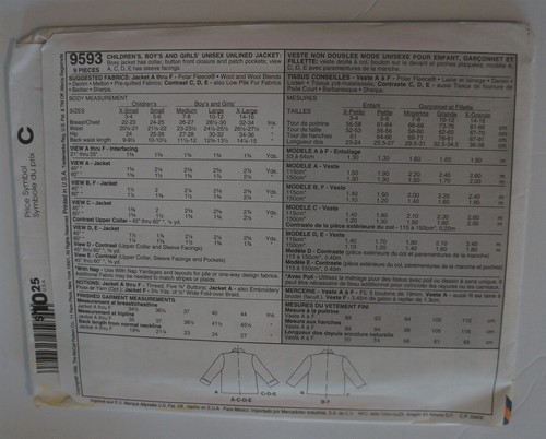 McCalls 9593 Jacket Unisex Sewing Pattern Size Children Large 10-12 - Picture 2 of 2