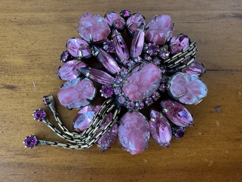 RARE Huge Pink Molded Glass Rhinestone Crystal Flower Brooch KRAMER REGENCY? - Picture 7 of 14