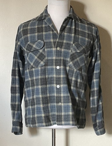 1970s Blue Plaid Welford De Luxe Wool Blend Long Sleeve Shirt Made in Japan-Med - Picture 1 of 10