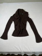Moda International Sweater Knit Cardigan  Brown Women Long Ruffle Collar XS