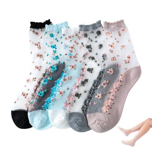 5pcs Women Elastic Lace Sheer Socks Embroidered Crystal Silk Vintage Lace Socks - Picture 1 of 12