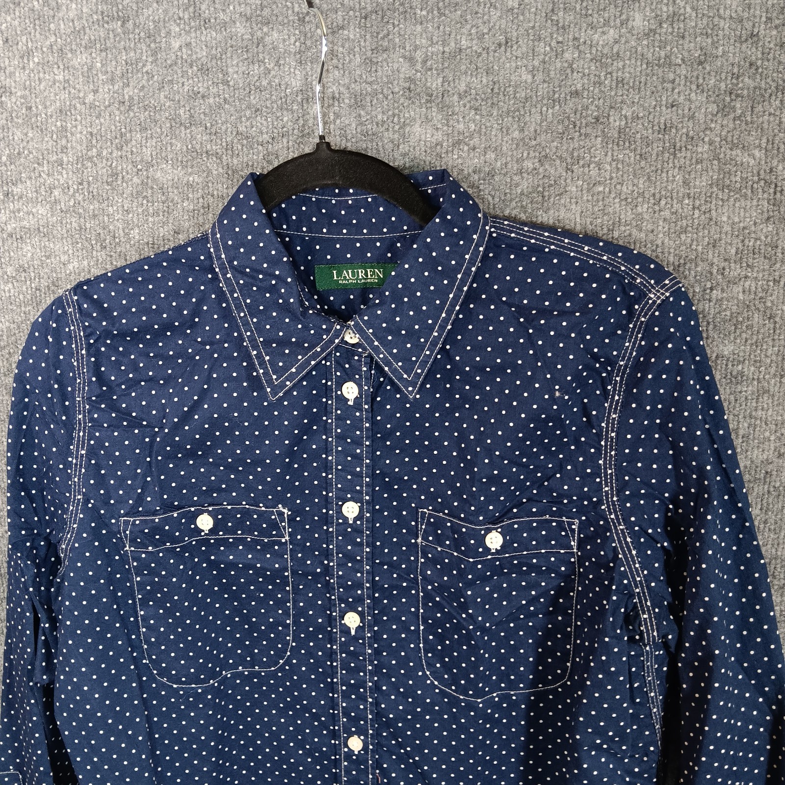 Lauren Ralph Lauren Dress Shirt Button Up Blue Polka Dots Contrast Stitched