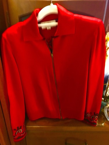 St John Collection By Marie Gray Jacket Red Black Gold Sunburst On Back Sml Vtg - Picture 5 of 6