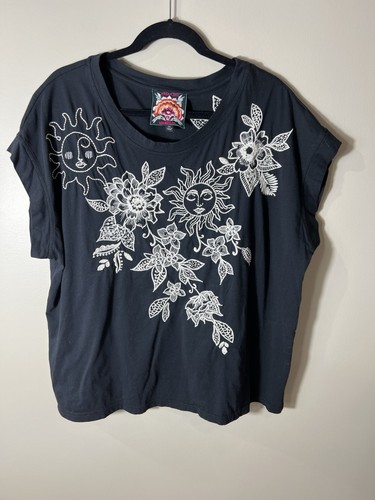 Camiseta Johnny Was Addison Relajada Especial Flor Negra Floral Sol Algodón Camisa XXL - Imagen 1 de 11
