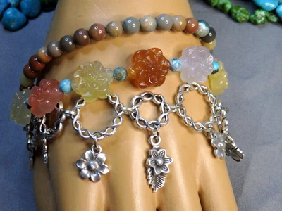 ALASHAN ACHAT ✋ geschnitzte BLUMEN gewebt TÜRKIS 8" 50g Bettelarmband 🌸 - Bild 1 von 4