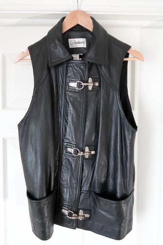 Biker Vest Genuine Black Leather Jacket with Chrome Hooks US Men Size: S - Picture 2 of 7