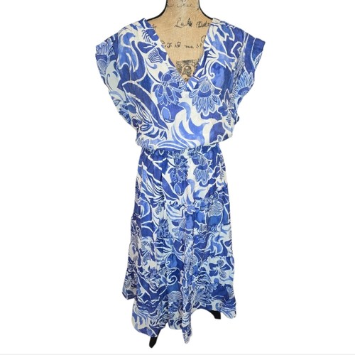 Cynthia Steffe Floral Blue and White Midi Tiered Boho Feminine Dress Plus Sz 2X - Picture 2 of 9