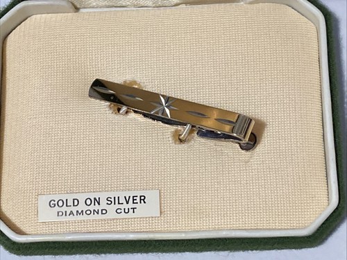Vintage Gold on Sterling Silver 925 Diamond Cut Tie Clip in Original Box. - Picture 2 of 12