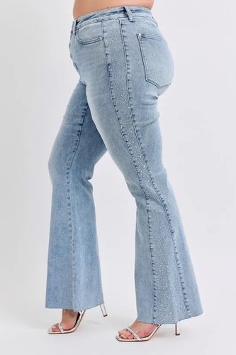 Judy Blue Mid Rise Rhinestone Side Panel Detail Flare Jeans 88895 - Picture 12 of 18
