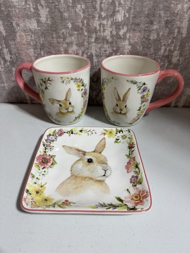 Certified International Spring Bunnies 14oz Mugs & Plate 3pcs Set Susan Winget - Picture 1 of 9